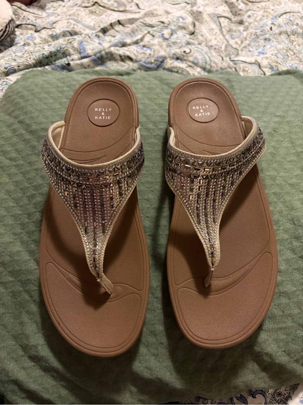 Kelly & Katie Taupe Beaded T-Strap Sandals with Metallic Accents